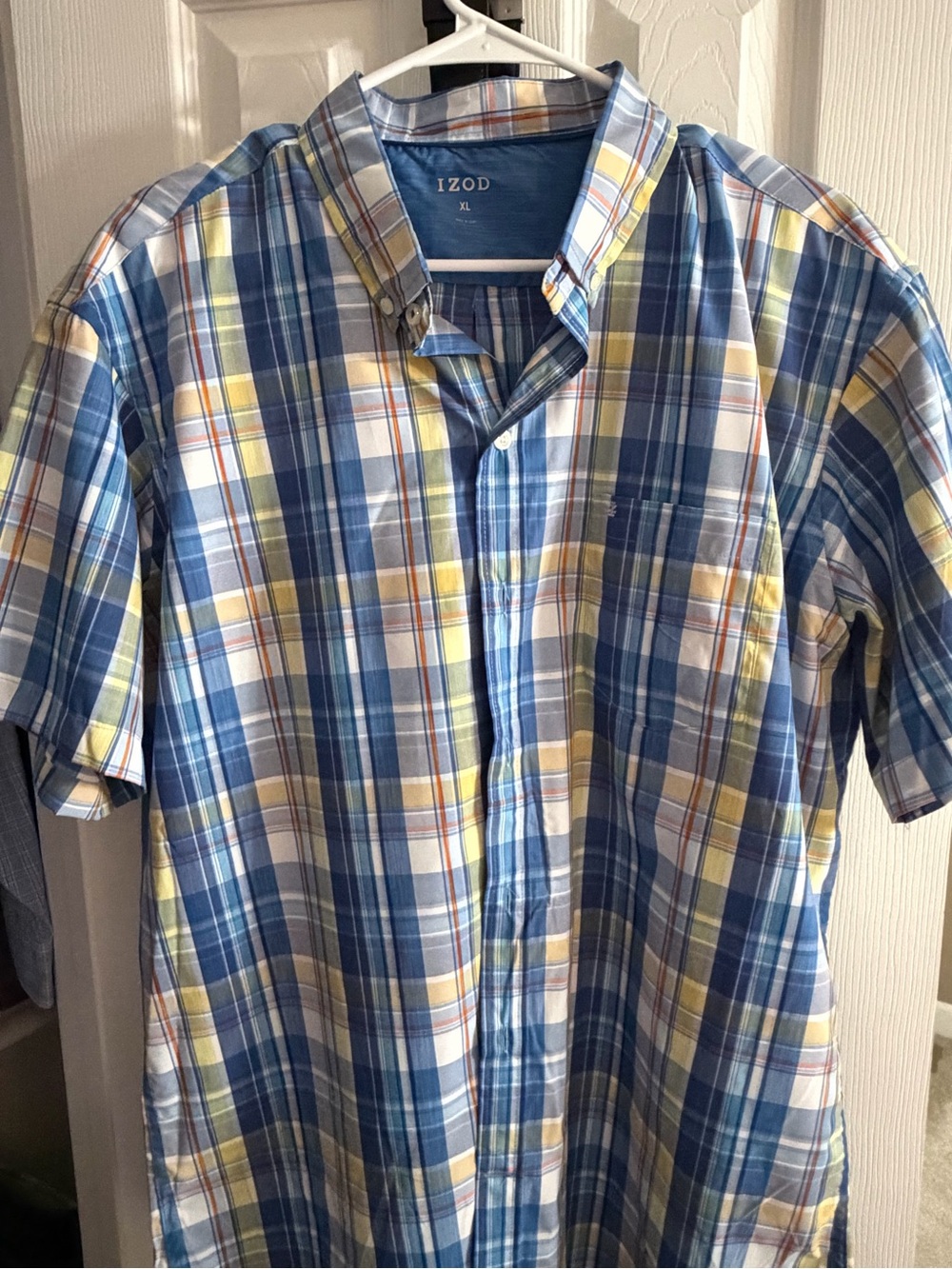 Izod Blue and Yellow Plaid Short-Sleeve Button-Down Shirt